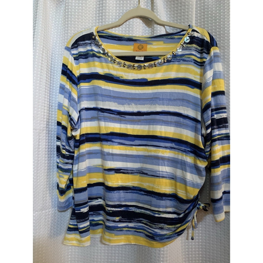 Ruby Rd‎ Petite Womens Blue Yellow Striped Shirt XL